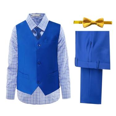 Imagem de Conjunto de colete e calça de smoking formal slim fit para adolescentes, roupas de casamento com gravata e gravata borboleta, Camisa xadrez azul-royal, 18