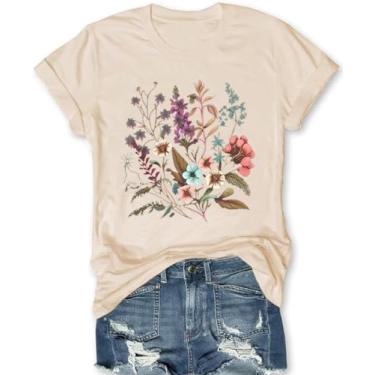 Imagem de Camiseta feminina com estampa de flores boêmias, vintage, estampa de flores silvestres, casual, botânica, manga curta, Bege - 2, P
