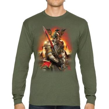Imagem de Camiseta de manga comprida Apocalypse Reaper Fantasy Skeleton Knight with a Sword Medieval Legendary Creature Dragon Wizard, Verde militar, M