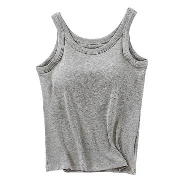 Imagem de Camiseta feminina de algodão com sutiã embutido, cor lisa, ajustável, alças finas, camisetas básicas elásticas, Cinza, G