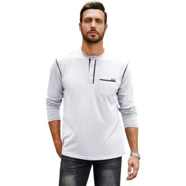 Imagem de PEHMEA Camiseta Henley masculina manga longa algodão leve bolso Henley, Branco, M