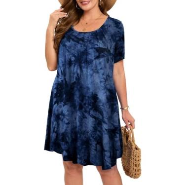 Imagem de MONNURO Vestido feminino plus size casual plissado frontal manga curta túnica rodada vestido camiseta com bolsos, Tie Dye azul, 5X