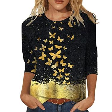 Imagem de Camisetas femininas com manga 3/4 de comprimento e gola redonda e estampa floral, Ofertas relâmpago amarelo, XXG
