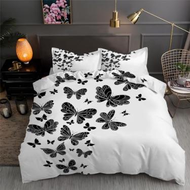 Imagem de Jogo de cama de capa de edredom solteiro borboleta preto e branco 3 peças de microfibra macia texturizada 172,7 cm x 228,6 cm e 2 fronhas, com fecho de zíper e laços