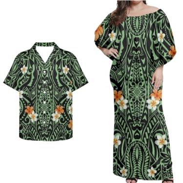 Imagem de Mornpassion Vestido polinésio feminino Puletasi Samoan manga morcego vestido havaiano camisa havaiana para casais plus size 2XS-7GG, Polinésio 01, 4G