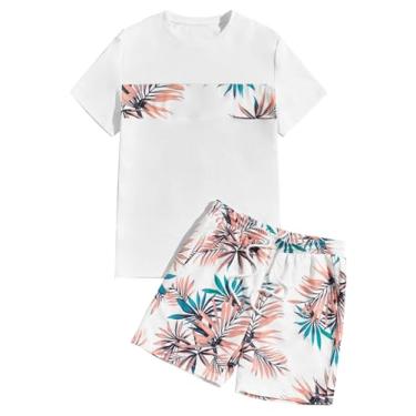 Imagem de Verdusa Conjunto masculino de verão com estampa tropical de 2 peças, camiseta de manga curta e shorts, Branco, GG