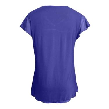 Imagem de Camisetas femininas de manga curta, casual, gola V, confortável, macia, de malha de camada dupla, camiseta de manga comprida, Azul, P
