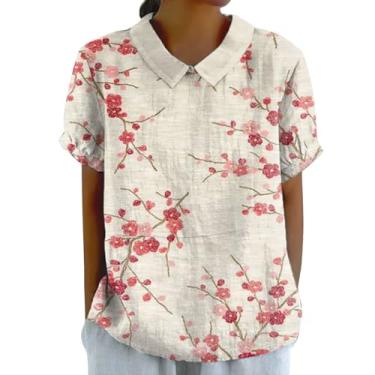 Imagem de Pulôver feminino de linho com lapela floral e gola redonda com botões soltos, camiseta casual e manga, Branco, XXG