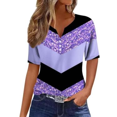Imagem de Camisetas femininas de verão 2024 com gola V moderna e manga curta, estampa de patchwork, túnica solta, Roxa, G