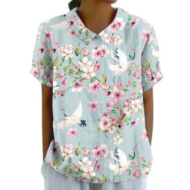Imagem de Camisas de linho para mulheres 2024 verão grande lapela gola floral gráfico blusas soltas casuais modernas, Ac-03 Azul claro, GG