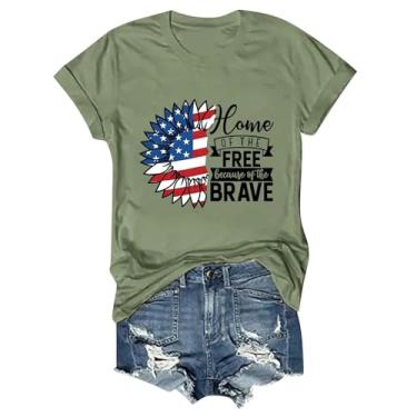 Imagem de Camiseta feminina com bandeira americana, estampa de girassol, estampa de girassol, manga curta, gola redonda, casual, verão, Verde, XXG