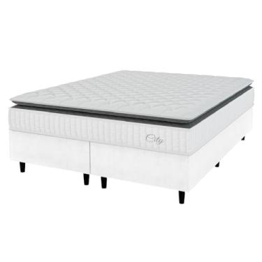 Imagem de Cama Box Colchão Casal King Molas Ensacadas City Pillow Top 193x203x61cm Linho Branco/Cinza Hellen - Suporta até 110kg por Pessoa