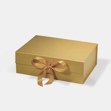 Imagem de Caixa FlexBox Rígida de Papel com Imã e Cetim para Presente - Y338 (Dourado, 35x26x15cm)