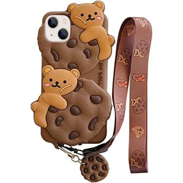Imagem de QoKcoahn Capa de ursinho de pelúcia para iPhone 14 Pro, capas engraçadas de biscoito de urso de desenho 3D com chaveiro e cordão fofas capas de telefone kawaii de silicone macio protetor à prova de