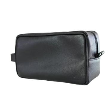 Imagem de Necessaire de couro legitimo masculina e feminina resistente para viagem bolsa organizadora maquiagem espaçosa e com boas divisorias (Preta)