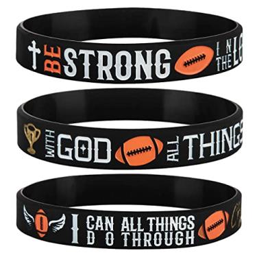 Imagem de Sainstone Power of Faith Pulseiras de silicone da Bíblia de futebol com escrituras inspiradoras Efésios 6:10, Mateus 19:26, Filipenses 4:13, pulseiras motivacionais presentes para esportes, homens e