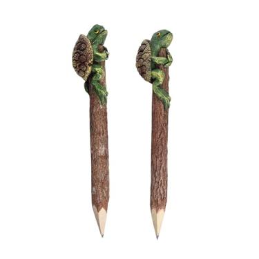 Imagem de ablossom, 2 peças lápis de tartaruga de madeira esculpido à mão vida animal marinho bonito criativo artigos de papelaria galho lápis de madeira material escolar e de escritório lápis divertido feito à mão exclusivo para crianças, família e presente para crianças