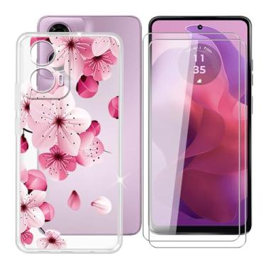 Imagem de Ikiiqii Capa para Motorola Moto G24 (6,5") + protetor de tela (2 unidades), capa à prova de choque antiarranhões transparente + película de vidro temperado com dureza 9H - flores rosa