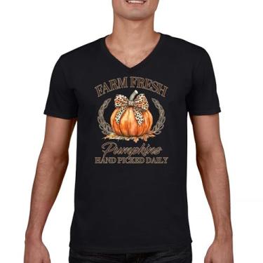 Imagem de Camiseta Farm Fresh Pumpkins gola V outono aconchegante estação milho labirinto festival Thanksgiving Turkey Day outono linda camiseta, Preto, P