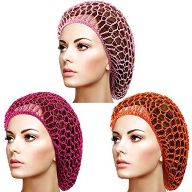 Imagem de Giugu 3 peças de malha de rede de cabelo rayon crochê chapéu de malha snood gorro de dormir, Laranja, rosa, vermelho rosa, Medium (3 Count)