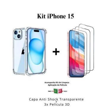 Imagem de Kit 3 Películas 3D Vidro + Capa Capinha Transparente para Iphone 15 - 