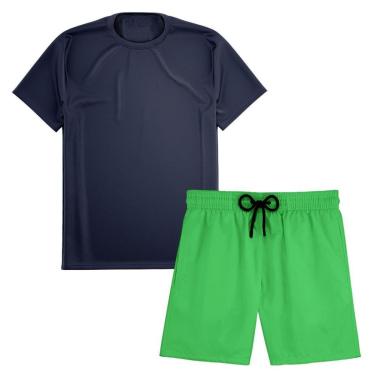 Imagem de Kit Short Praia Academia Passeio Treino Verde + Camiseta Manga Curta Masculina-Masculino