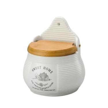 Imagem de Saleiro Cerâmica com Tampa Bambu Sweet Home 10x7,5x13cm Lyor, Branco