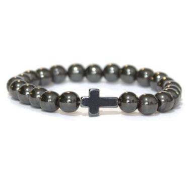 Imagem de Pulseira Pedra Natural Hematita Cruz - Vorax Acessórios, M - 18cm a 18