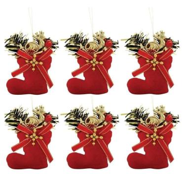 Imagem de Kit 6 Botinhas Veludo Vermelho Decoradas Mini Rena E Corneta Dourada 7cm - Magizi