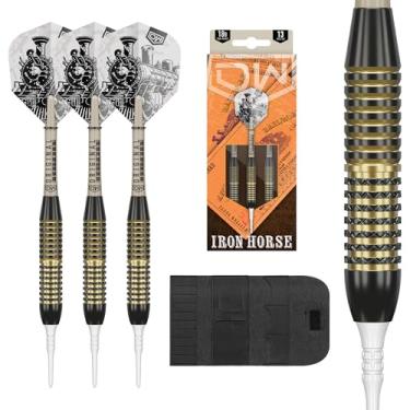 Imagem de DW Jogo de dardos de ponta macia de latão Ironhorse, 18G | Conjunto de dardos com ponta de pixel com carteira de armazenamento, dardos pretos e dourados, pontas de plástico, acessórios profissionais