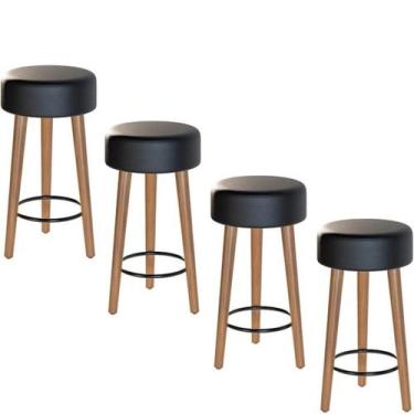 Imagem de Kit 4 Bancos Banqueta Paris Couro Preto Mesa Gourmet Pés Madeira Mz De