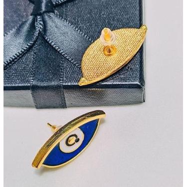 Imagem de Par de Brincos Feminino Olho Grego Oval Azul Folheado Banhado 18k Dour