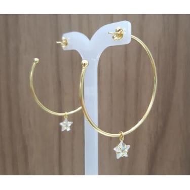 Imagem de Brinco Argola Pingente Estrela de Zirconia Cristal Folheado Ouro 18k A