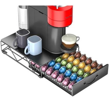 Imagem de HFHOME Gaveta de suporte de cápsulas de café para Nerpress - 40 cápsulas grandes ou 60 pequenas VertuoLine - Organizador de armazenamento de cápsulas de café de metal preto para Vertuo - Suporte de