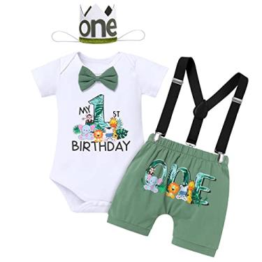 Imagem de IBTOM CASTLE Conjunto de 3 peças para bebês meninos safári de 1º aniversário Wild One Jungle Party com suspensórios, Azul-petróleo, 6-12 Meses
