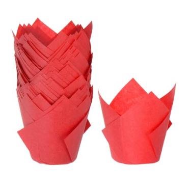 Imagem de HARFINGTON 50 peças de forros de cupcake de tulipa copos de papel padrão para assar embalagens à prova de gordura descartáveis para festa de banquetes de aniversário, vermelho