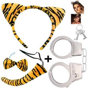 Imagem de Fantasia de Carnaval Tiara Oncinha Amarela Par De Algemas com Gravata 