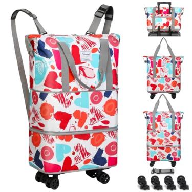 Imagem de VOOWO Bolsa esportiva com rodas – bolsa esportiva dobrável expansível com rodas para viagem, bolsa de transporte com rodas, mochila grande com rodinhas para homens e mulheres, Amor, duffle bag-28L-66L