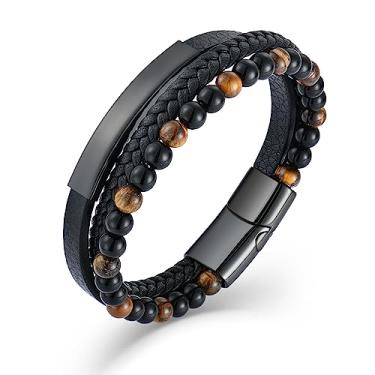 Imagem de Raymard Pulseira masculina masculina com contas de pedra vulcânica ônix preta ônix olho de tigre, pulseira de couro trançado preto para homens, 8.3“, Couro, Sem Pedra Preciosa