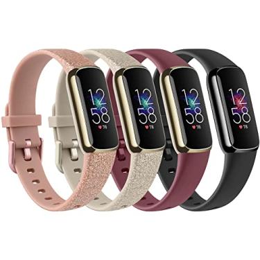 Imagem de Pacote com 4 pulseiras compatíveis com Fitbit Luxe, pulseiras esportivas macias para Fitbit Luxe Fitness Tracker (pequena, ouro rosa brilhante/champanhe brilhante/vermelho vinho/preto)