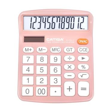 Imagem de CATIGA Calculadora de mesa de 12 dígitos com tela LCD grande e botão sensível, energia solar dupla e bateria, função padrão para escritório, casa, escola, CD-2786 (rosa claro)