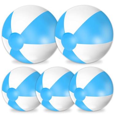 Imagem de Whaline 5 bolas de praia infláveis 61 e 40,6 cm, bolas redondas de PVC, brinquedos fofos para o verão, tema tropical havaiano, decorações de festa na praia, acessório de jogo de areia (azul e branco)