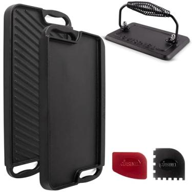 Imagem de Cuisinel Frigideira de ferro fundido + prensa de hambúrguer + raspadores de panela - Frigideira plana de cabo duplo reversível pré-temperada 50,8 x 25,4 cm + grelha + acessórios de limpeza - Use
