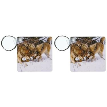 Imagem de 3dRose Gray Wolf Canis lúpus macho alfa e fêmea alfa com macho beta interagindo - chaveiros, 5,7 x 11,4 cm, conjunto de 2 (kc_11375_1)