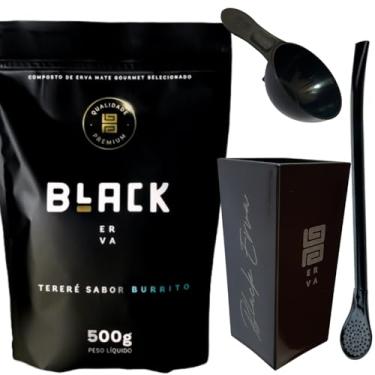 Imagem de Kit Para Tereré Black Erva Mate 500g + Copo Cuia Quadrado Acrílico + Bomba Clássica Preta (BURRITO)