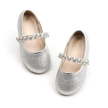 Imagem de PHIRAMIN Sapatos de vestido prateados com glitter para meninas floristas - sapatilhas de balé para meninas tamanho 7 casamento com pérolas brilhantes