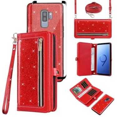Imagem de Asuwish Capa de celular para Samsung Galaxy S9 Plus carteira com zíper destacável com película de vidro temperado, alça com glitter, suporte para cartão S9+ 9S 9+ S 9 9plus S9plus mulheres meninas