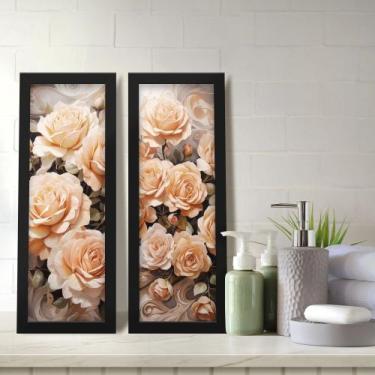 Imagem de Kit 2 Quadros Decorativos Lavabo Floral Rosa Flores Salmão Sofisticado