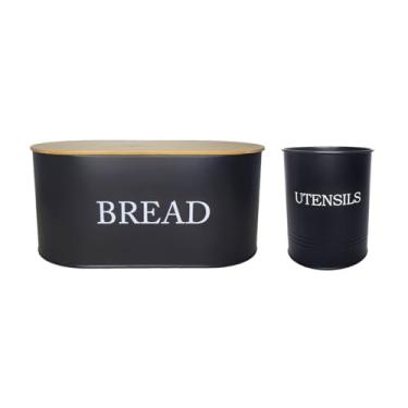 Imagem de Genérico, Porta Pao Tampa Bambu Porta Utensilios Pote Aço Preto 2un