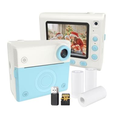Imagem de Câmera de impressão instantânea infantil Câmera digital para crianças Câmera de vídeo digital 1080P Lente dupla Tela IPS de 2,8 polegadas Bateria integrada Molduras para fotos com 3 rolos de papel